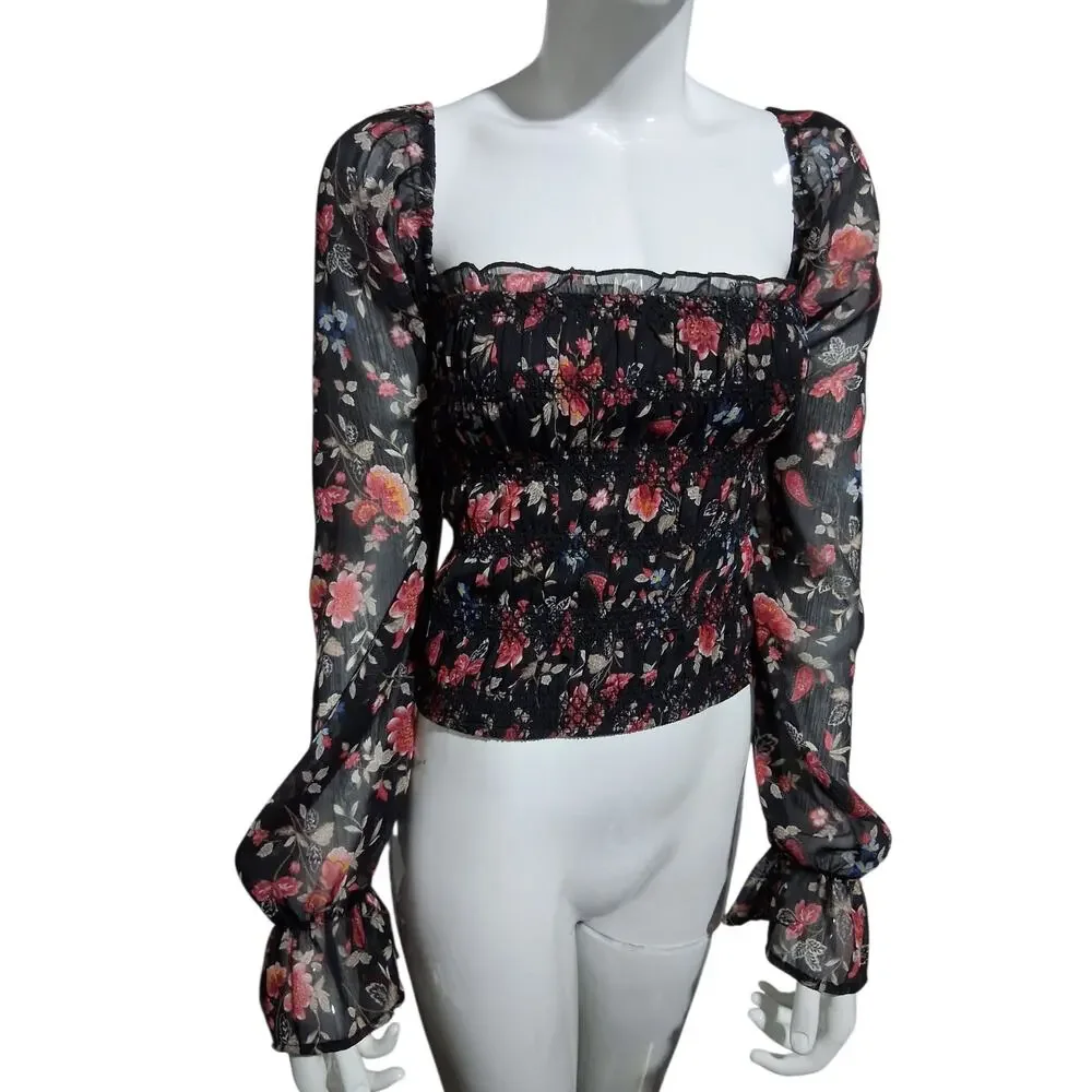 Mi Ami Smocked whimsical Fairycore Womens size Large Romantic Sheer Metallic Top - Picture 5 of 13